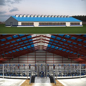 3D Rotary Milking Carousel Inside Cow Barn Fur model