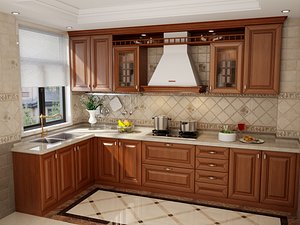 3D Classic Wooden Kitchen Interior Scene