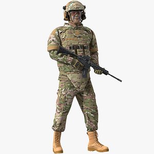 Soldier in Green Gear and Assault Rifle Rigged for Maya 3D model