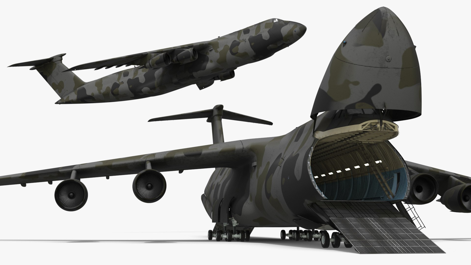 Strategic Military Freighter Aircraft in Camouflage Livery with Interior Rigged 3D model preview