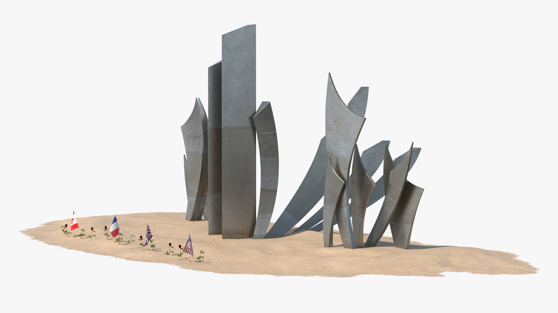 Les Braves Memorial with Allied Flags and Flowers 3D model for industrial visualization, technical presentation, simulation, product rendering, and animation