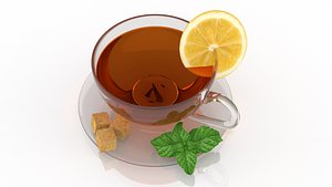 Cup of tea with lemon sugar and mint asset