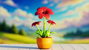 Stylized Cartoon Red Potted Flower - 3D Plant Model