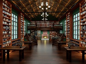 Interior View of a Victorian-Style Library 3D model