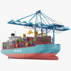 Detailed Gantry Crane With Ship