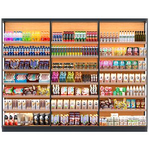 3D model Large showcase in a supermarket with products and sweets