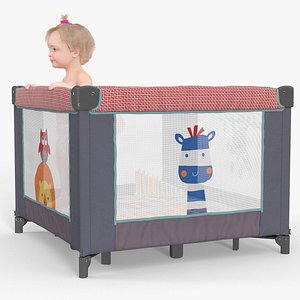 Toddler Girl in Textile Playpen Fur