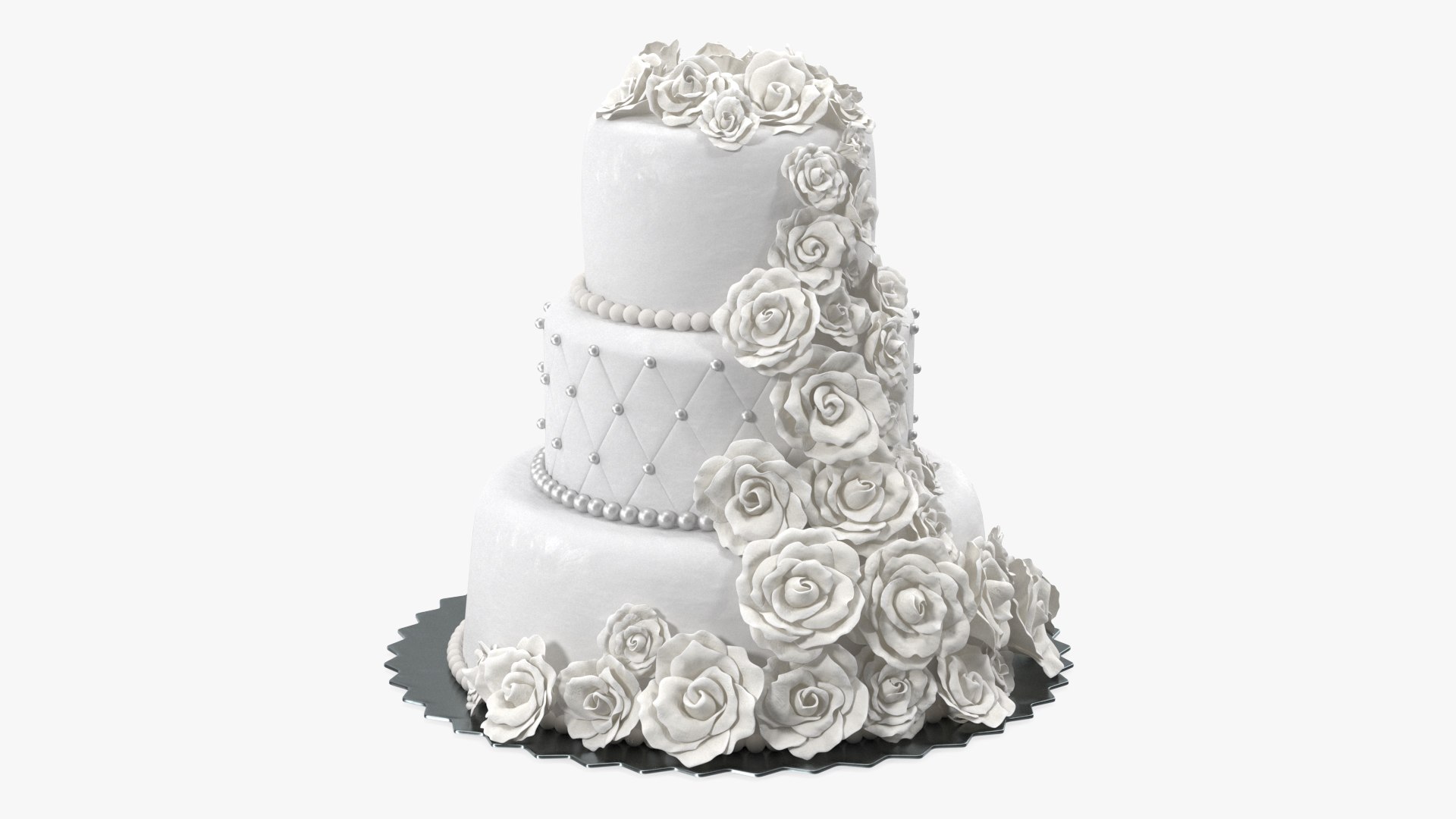 Classic White Wedding Cake with Sugar Flowers 3D model preview