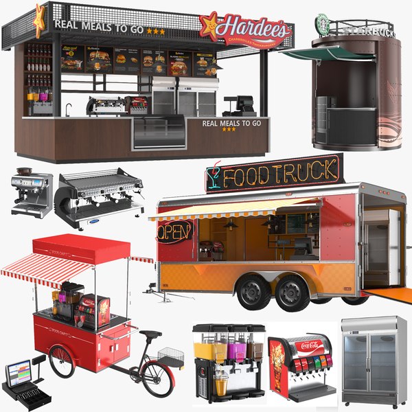 3D Large Detailed Fast Food Trucks Carts Kiosks Collection model