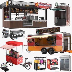 Large Detailed Fast Food Trucks Carts Kiosks Collection