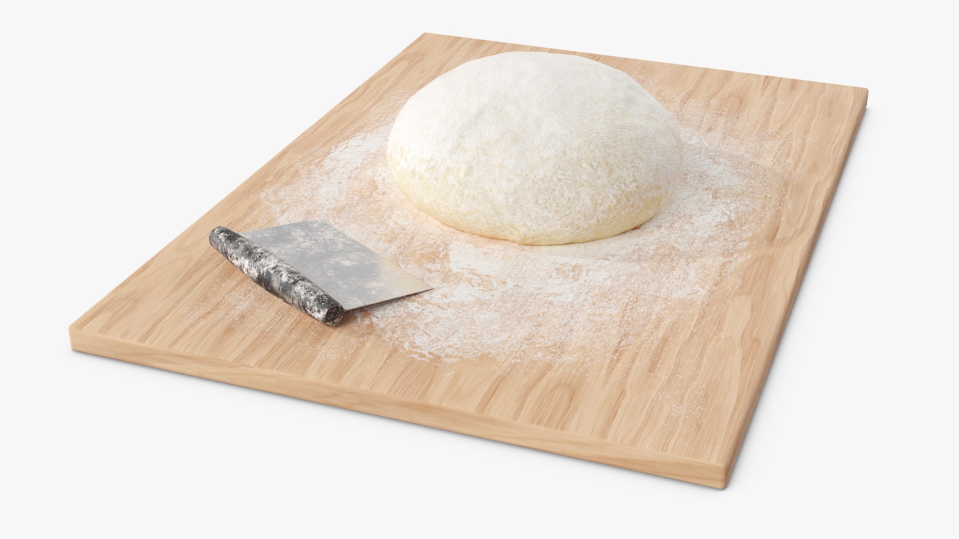 Round Bread Dough Ball On Wooden Board With Bench Scraper 3D model preview