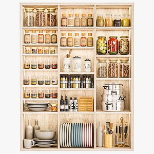 3D A cabinet with kitchen utensils dishes and decor