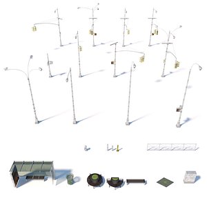 set benches barrier bollards 3D