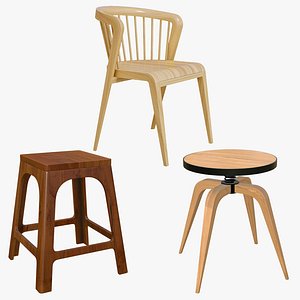 Wooden Realistic Chair With Stool model