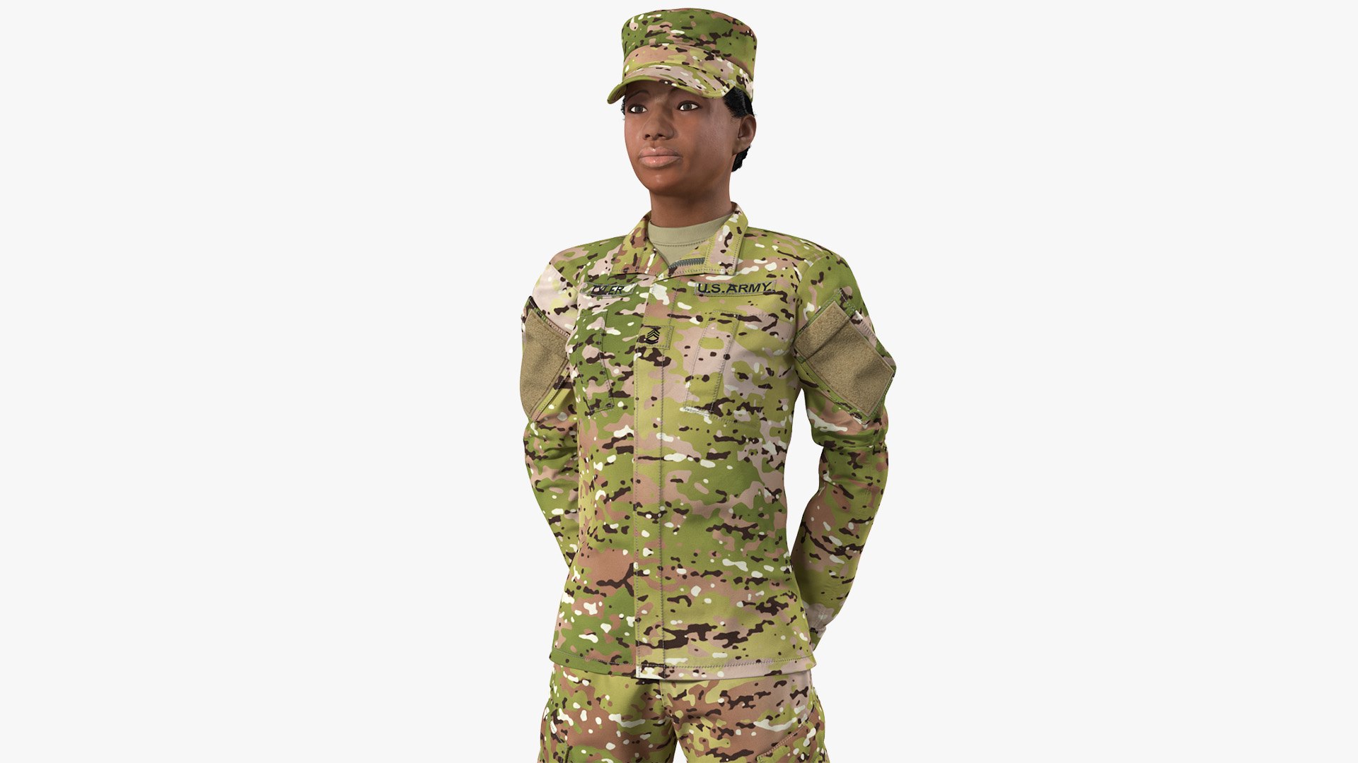Black Female Soldier Green Standing Pose Fur 3D model preview