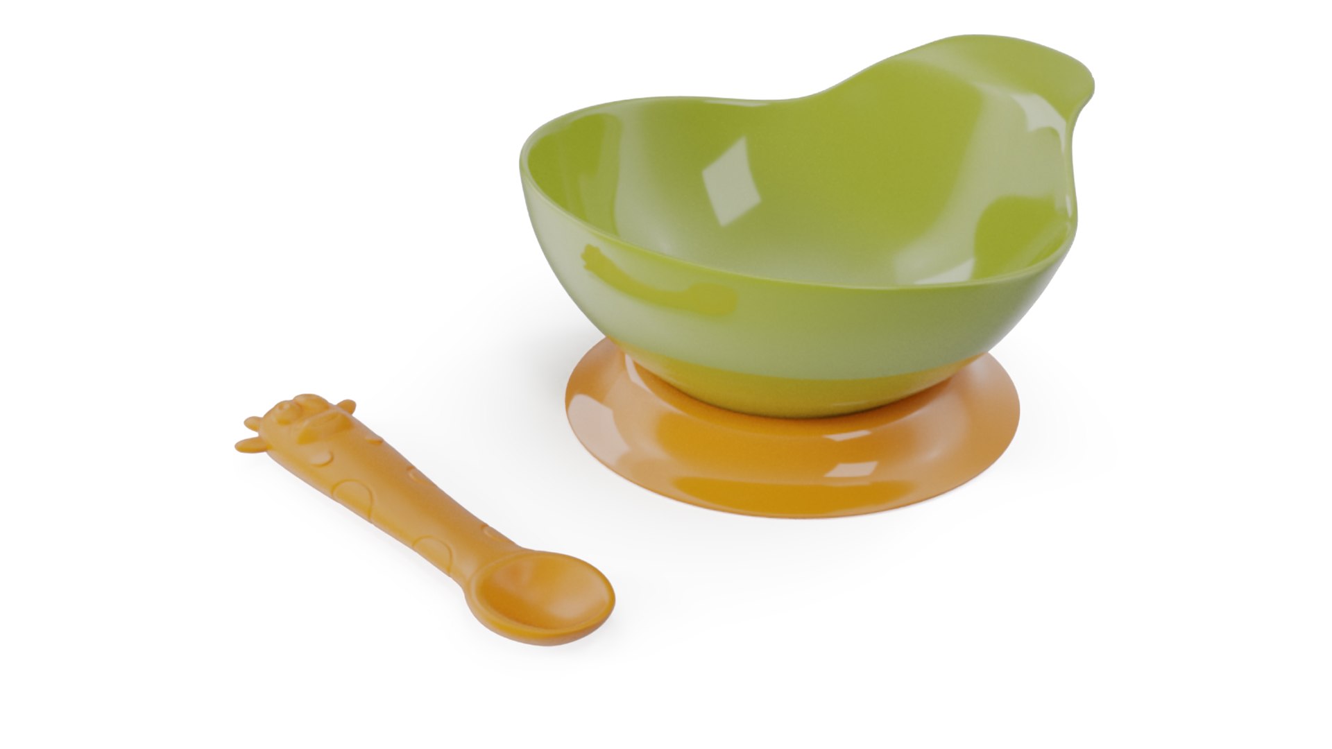 Lime Green and Orange Silicone Baby Bowl and Spoon 3D model preview