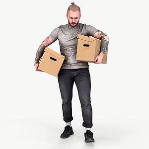 3D Moving Day Young Man with Cardboard Boxes model