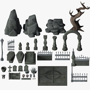 Stylized Cemetery Mausoleum Crypt Graveyard Tomb Tombstone Props and Assets