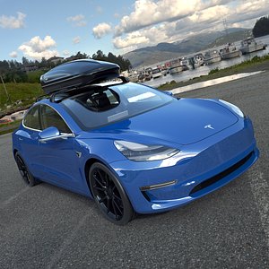 3D Tesla with Thule Car Roofbox on Roof Rack model