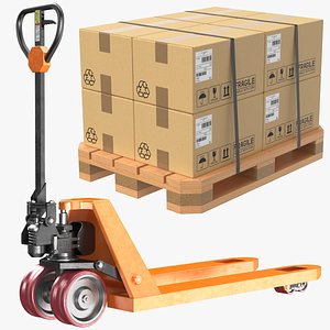 Detailed Pallet Jack With Cardboard Box 3D