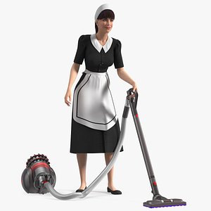 3D Housekeeping Maid with Dyson Big Ball Vacuum Cleaner Rigged for Cinema 4D