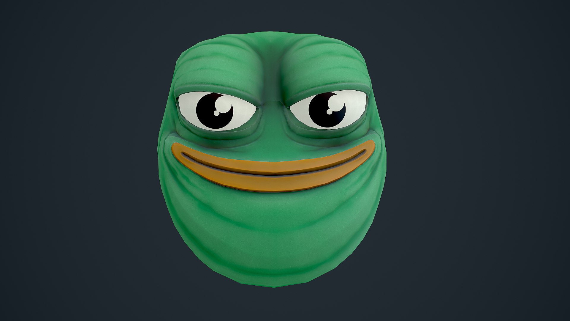 Pepe the frog head 3D model https://p.turbosquid.com/ts-thumb/9f/EdDQCc/3W/marmoset_1/png/1633671880/1920x1080/fit_q87/63eff12c88b8e39933f861f78682fce7a79d357b/marmoset_1.jpg
