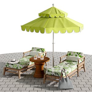 Beach umbrella and chaise longue set 6 3D model