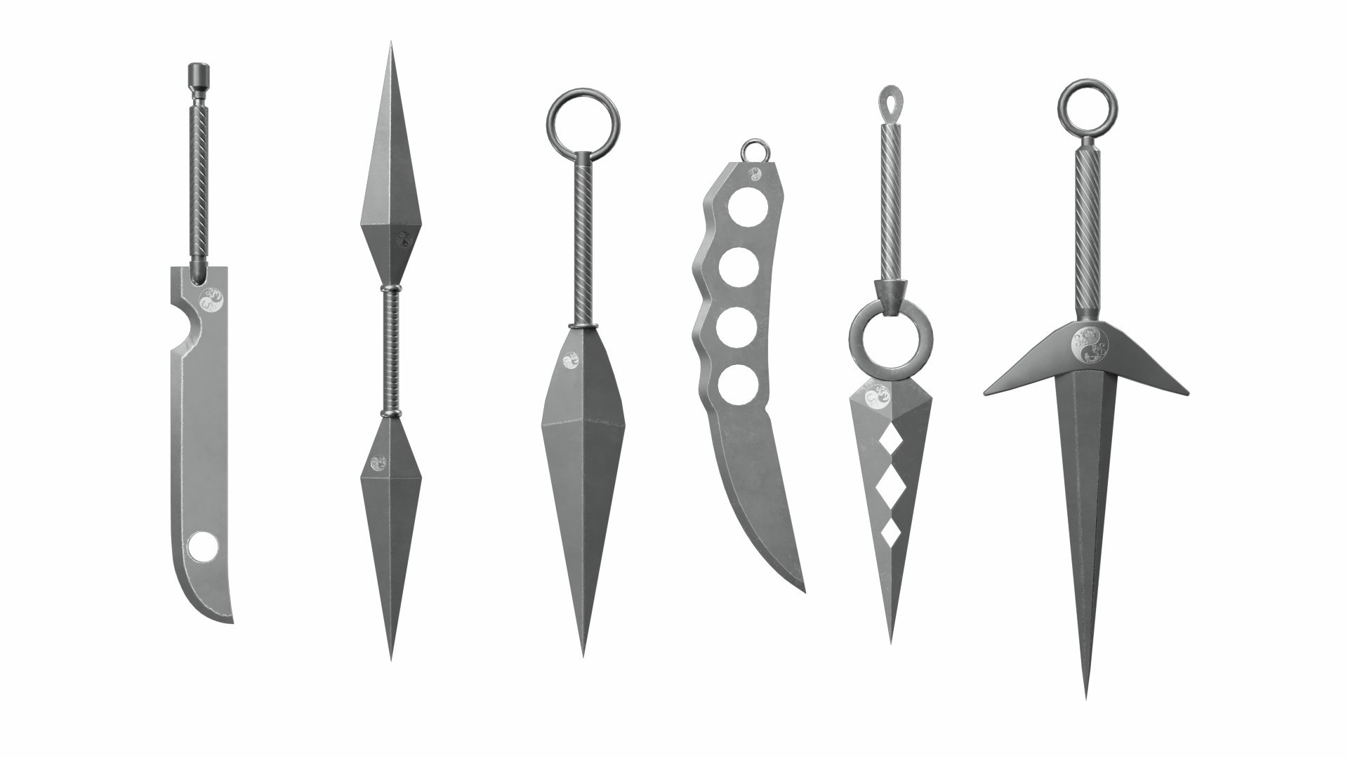 Japanese weapon set 3D model https://p.turbosquid.com/ts-thumb/9j/AiJTef/bQ/kunais/jpg/1673960037/1920x1080/fit_q87/63945e4ee4d0a526c05a56d62ec595f9a79230dd/kunais.jpg