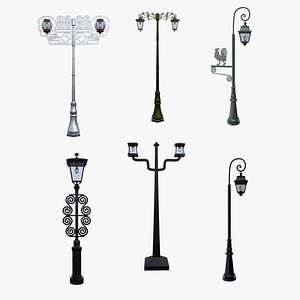 Vintage Street Lamp Collection Low Poly Quad Topology PBR 4K Game Ready