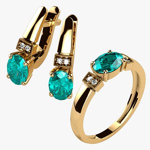 7mm Ovals Gold Ring and Earrings Set 3D