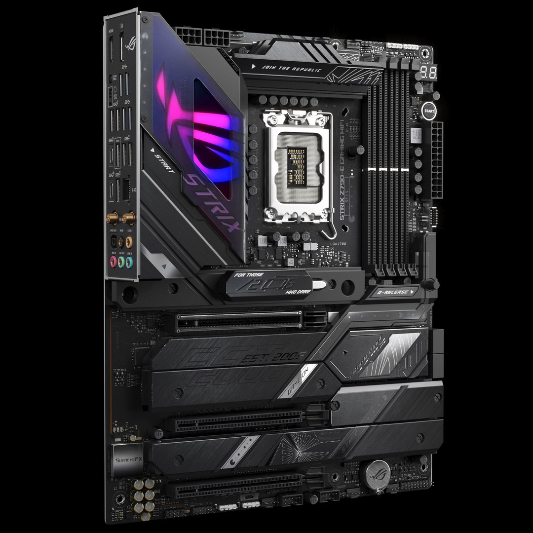 3D Asus ROG Strix Z790E https://p.turbosquid.com/ts-thumb/9m/OjuNto/nW/render2/jpg/1671535599/1920x1080/fit_q87/2b30fa1a4344f6290f5235c40bc8aad11e9ca53d/render2.jpg