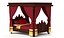 Letto reale medievale in legno con tende rosse