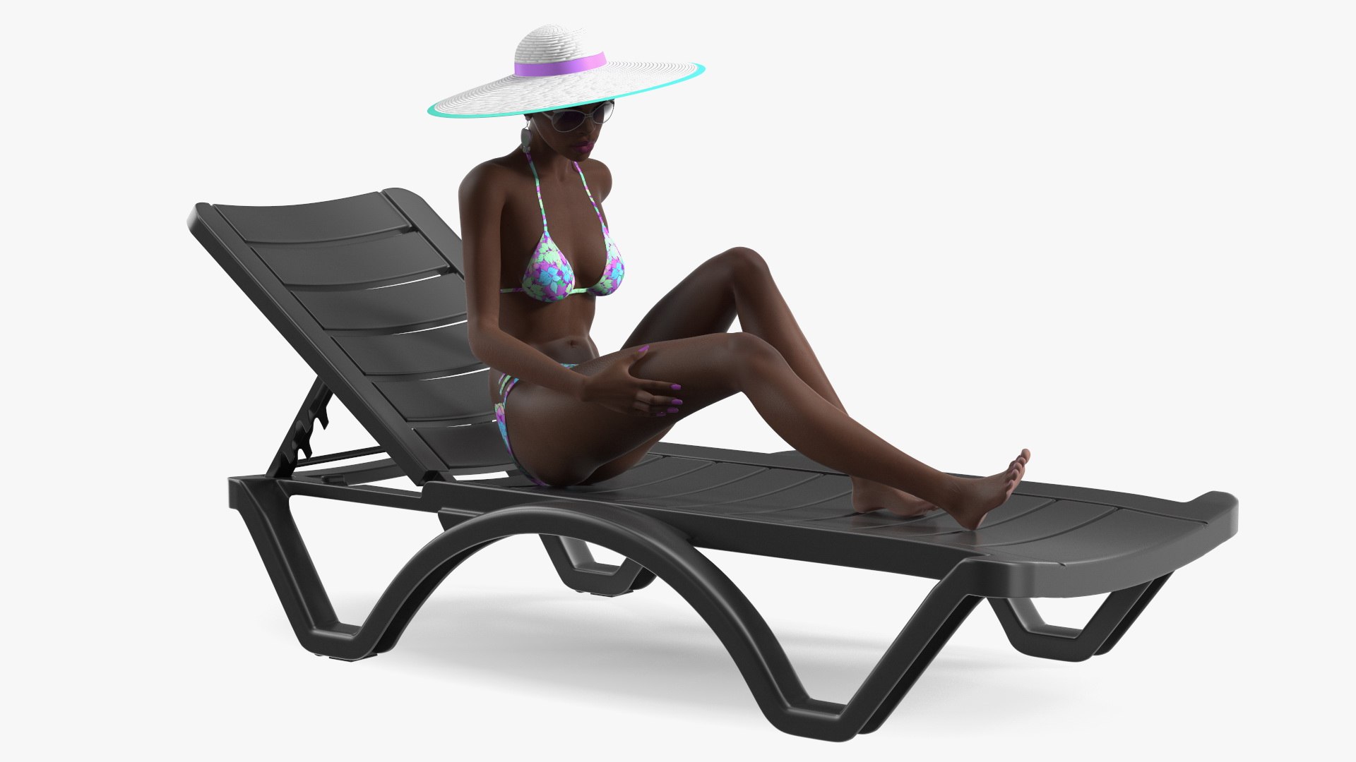 Dark Skin Women in Bikini Lying on Chaise Lounge 3D model preview