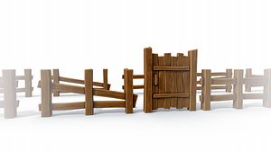 Stylized wooden fence of 10 sections PBR game ready Low-poly 3D model