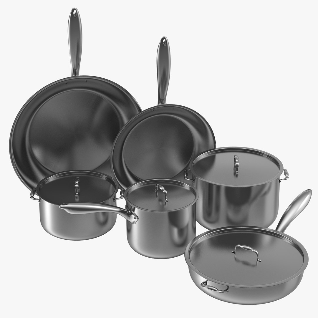 Stainless Kitchen Pot Set 6 piece 3D model preview