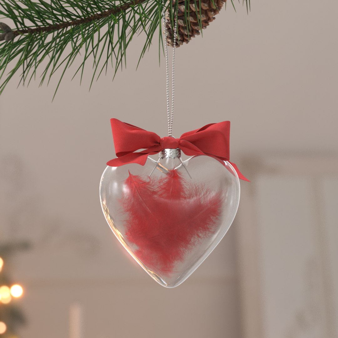 Heart-Shaped Christmas Ornament on Pine Branch 3D model preview