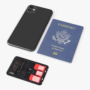 Portable SIM Card Organizer with Passport and Phone 3D