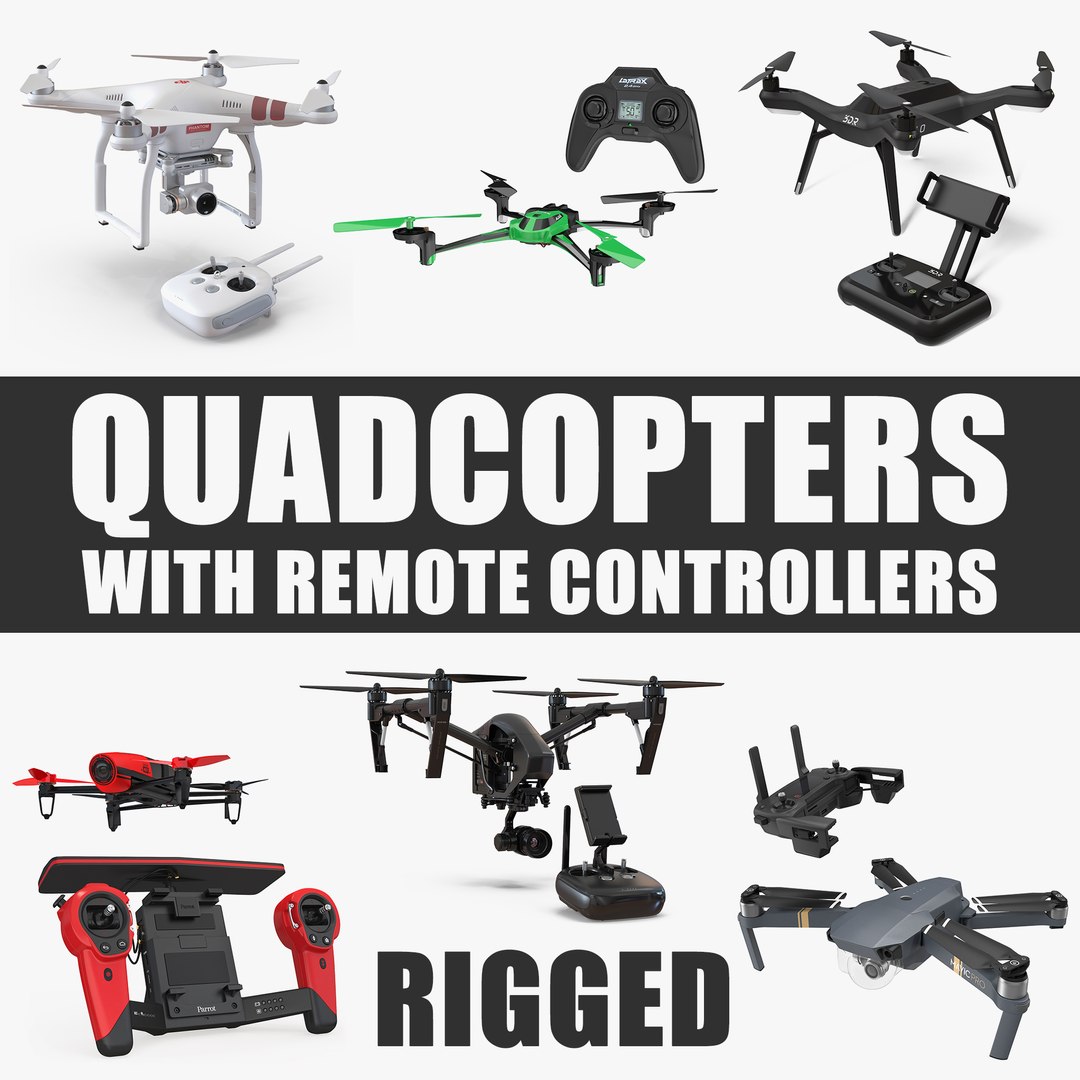 Quadcopters with Remote Controllers Rigged 3D Models Collection 3D model preview