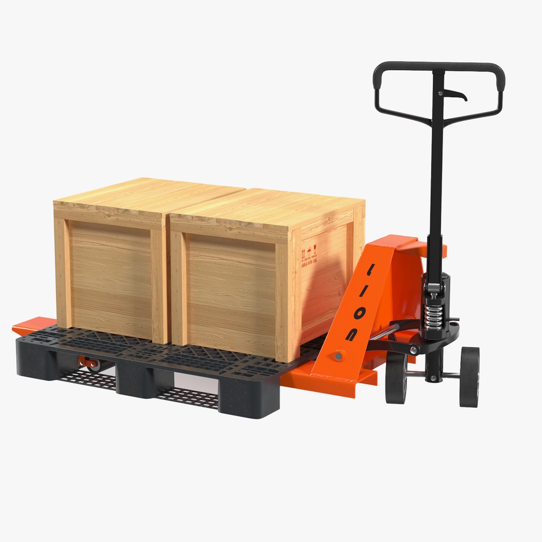 Lion Premium Pallet Jack Rigged with Wooden Crates Rigged for Cinema 4D 3D model preview