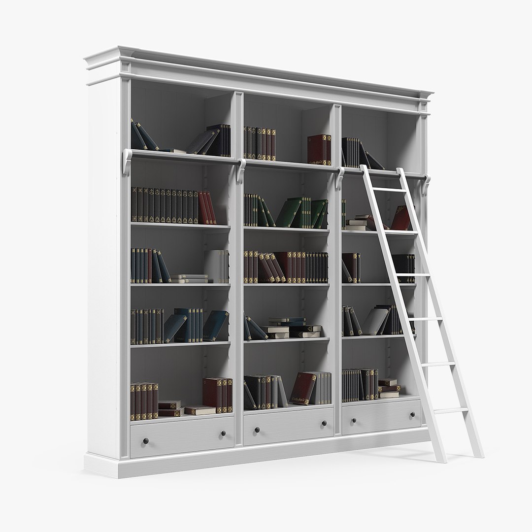 Classic White Bookcase with Books 3D model preview