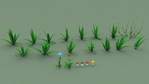 3D model cartoon grass pack flower