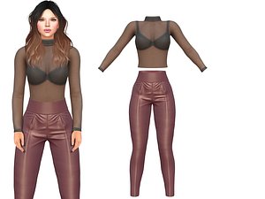 See Through Body Effect Sheer Top and Maroon Shiny Leather Pants Classy Outfit