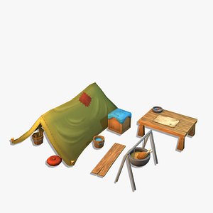 Game ready low poly stylized campsite