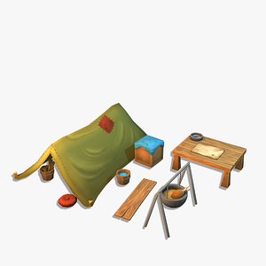 Game ready low poly stylized campsite