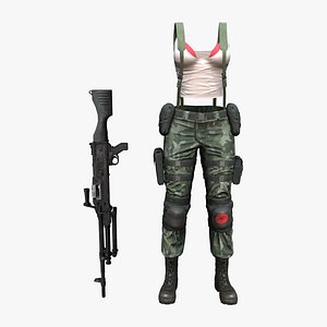 Female Casual Military Combat Outfit Top Pants Boots Gun 3D model