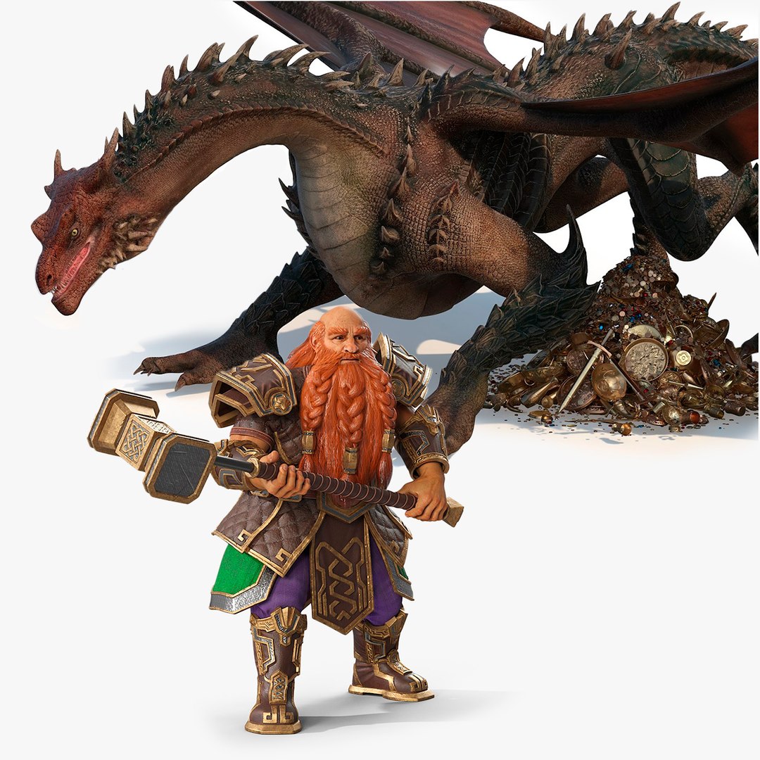 Dwarf and Dragon with Treasures Collection 3D model preview