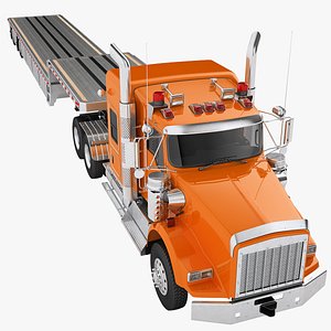 3D Long Hood Truck Generic Flatbed Trailer 01