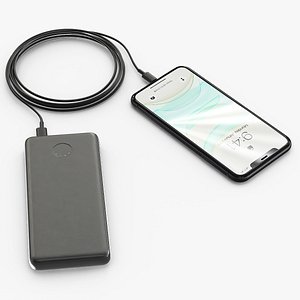 Slim Power Bank Charging Smartphone Via USB Cable Black 3D model