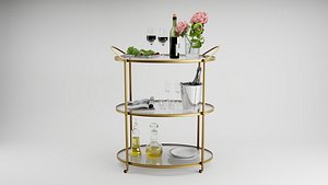 Gold Bar Cart 3D Model with Wine and Flowers and Grapes model