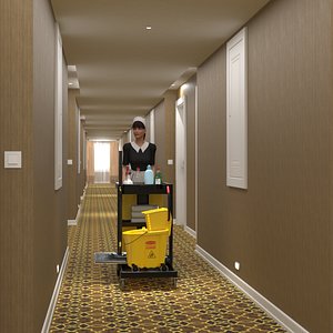 Hotel Corridor and Housekeeping Maid 3D model
